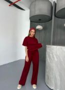 Osy Modal Yumuşak Dokulu Kumaş   Kısa Kollu Bluz Rahat Pantalon Ikili Takım- Bordo resmi